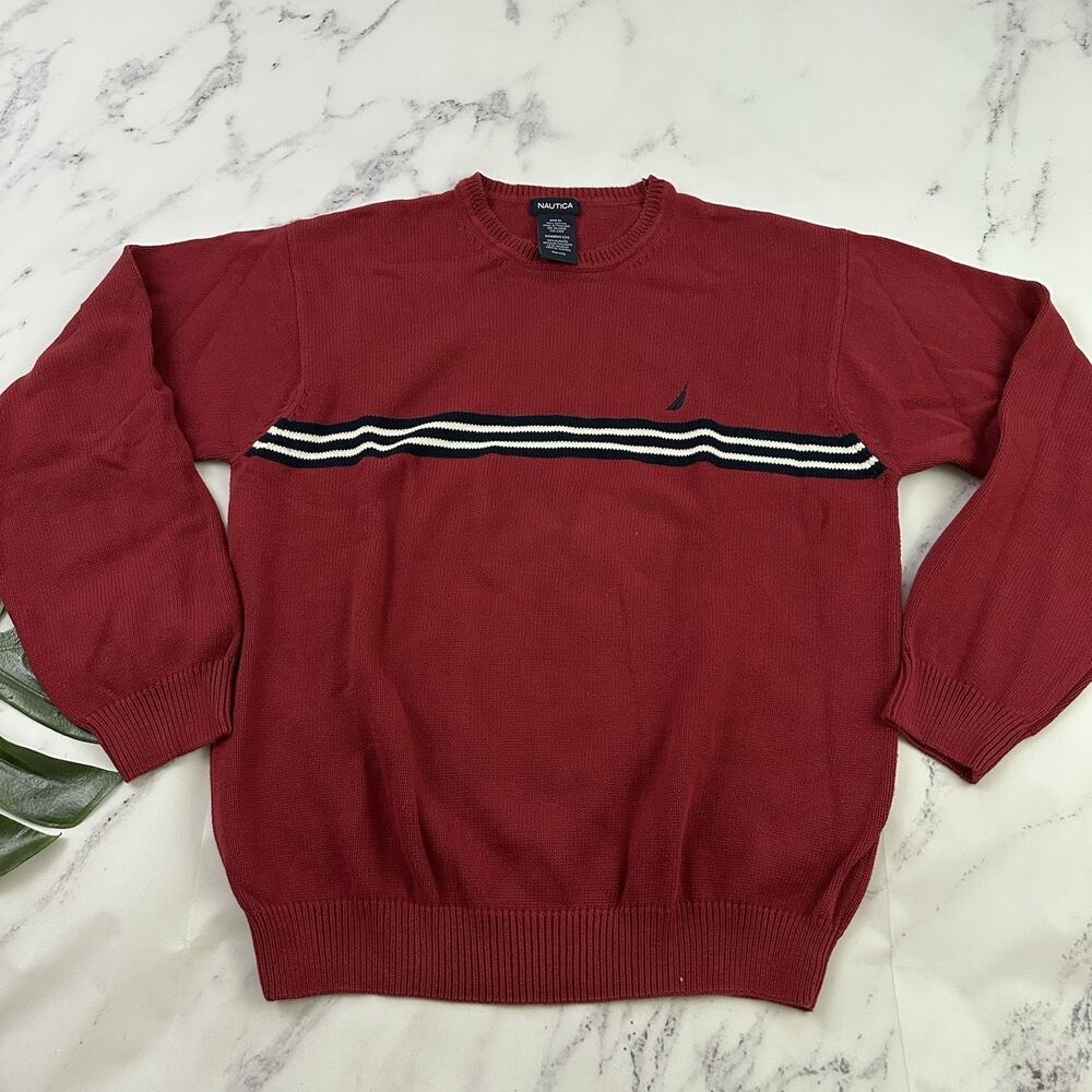 Nautica Mens Vintage Y2k Crew Neck Pullover Sweater Size XL Red Blue Stripe